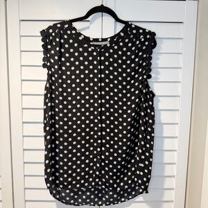 Sleeveless Polka Dot Blouse Work Office Top Pom Trim Lightweight‎ Flowy